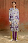 Raasa_Purple Modal Satin Abstract Mandarin Collar Aster Pattern Kurta With Pant _Online_at_Aza_Fashions