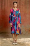 Shop_Raasa_Multi Color Cotton Muslin Abstract Bubble V-neck Aster Pattern Wrap Dress _Online_at_Aza_Fashions