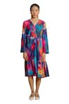 Raasa_Multi Color Cotton Muslin Abstract Bubble V-neck Aster Pattern Wrap Dress _at_Aza_Fashions