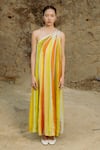 Raasa_Yellow Wrinkle Chiffon Stripe Asymmetric Pattern Dress _Online_at_Aza_Fashions