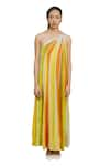 Buy_Raasa_Yellow Wrinkle Chiffon Stripe Asymmetric Pattern Dress _Online_at_Aza_Fashions