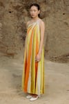 Shop_Raasa_Yellow Wrinkle Chiffon Stripe Asymmetric Pattern Dress _Online_at_Aza_Fashions