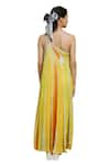 Raasa_Yellow Wrinkle Chiffon Stripe Asymmetric Pattern Dress _at_Aza_Fashions