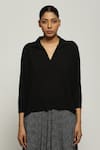 Buy_Abraham & Thakore_Black Tencel Lycra Plain Collared Top _at_Aza_Fashions