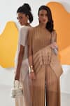 Pleats by Aruni_Beige Crepe Satin Solid Round Walters Pleated High-low Top And Pant Co-ord Set _Online_at_Aza_Fashions