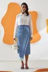 Buy_Pleats by Aruni_Blue Polyester Printed Denim Vione Pattern Skirt _at_Aza_Fashions