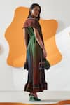 Buy_Pleats by Aruni_Green Polyester Printed Gradient Lines Cape Open Neck Luna Maxi Dress With 