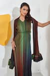 Shop_Pleats by Aruni_Green Polyester Printed Gradient Lines Cape Open Neck Luna Maxi Dress With 