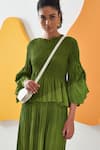 Pleats by Aruni_Green Crepe Solid Round Lime Pleated Top And Culotte Pant Set _at_Aza_Fashions