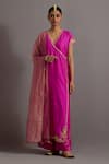 Buy_Deep Thee_Fuchsia Silk Hand Embroidered Zardozi V Neck Border Straight Angarkha Set_at_Aza_Fashions