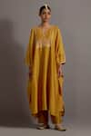 Buy_Deep Thee_Yellow Chanderi Hand Embroidered Zari Notched Yoke Kaftan With Pant_at_Aza_Fashions