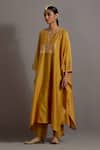 Buy_Deep Thee_Yellow Chanderi Hand Embroidered Zari Notched Yoke Kaftan With Pant_Online_at_Aza_Fashions