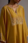 Buy_Deep Thee_Yellow Chanderi Hand Embroidered Zari Notched Yoke Kaftan With Pant 