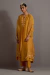 Deep Thee_Yellow Chanderi Hand Embroidered Floral Notched Phool Bunch Yoke Kurta Set_Online_at_Aza_Fashions