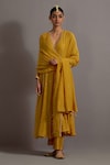 Shop_Deep Thee_Yellow Chanderi Hand Embroidered Zardozi V Neck Kali Angarkha Set_at_Aza_Fashions