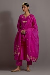 Deep Thee_Fuchsia Silk Hand Embroidered Zari Notched Phool Necklace A-line Kurta Set_Online_at_Aza_Fashions