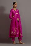 Buy_Deep Thee_Fuchsia Silk Hand Embroidered Zari Notched Phool Necklace A-line Kurta Set_Online_at_Aza_Fashions