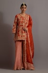 Buy_Deep Thee_Orange Chanderi Hand Embroidered Floral Appliques Round Kurta Sharara Set_at_Aza_Fashions