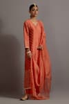 Deep Thee_Orange Silk Hand Embroidered Zardozi V Neck Kurta Set_at_Aza_Fashions