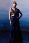 Buy_Angad Singh_Blue Silk Embroidered Sequin V Neck Pre-draped Saree With Bugle Bead Blouse_at_Aza_Fashions