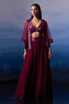 Buy_Angad Singh_Wine Organza Embroidered Sequin V Neck Cape Sharara Set _at_Aza_Fashions