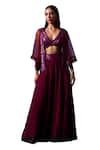 Angad Singh_Wine Organza Embroidered Sequin V Neck Cape Sharara Set _Online_at_Aza_Fashions