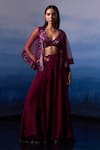 Buy_Angad Singh_Wine Organza Embroidered Sequin V Neck Cape Sharara Set _Online_at_Aza_Fashions