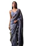 Angad Singh_Grey Tissue Embroidered Bugle Bead Leaf Cutwork Saree With Blouse _Online_at_Aza_Fashions