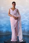 Buy_Angad Singh_Pink Net Embroidered Bugle Bead V Neck Jaal Work Saree With Blouse_Online_at_Aza_Fashions