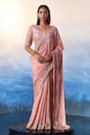 Buy_Angad Singh_Peach Tissue Embroidery Sequin Leaf Neck Starla Bloom Saree Set _at_Aza_Fashions