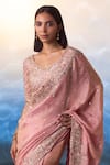 Buy_Angad Singh_Peach Tissue Embroidery Sequin Leaf Neck Starla Bloom Saree Set _Online_at_Aza_Fashions