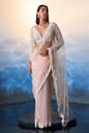 Buy_Angad Singh_Peach Net Embroidery Pearls Plunging V Neck And Sequin Meadow Saree Set _at_Aza_Fashions