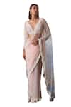 Angad Singh_Peach Net Embroidery Pearls Plunging V Neck And Sequin Meadow Saree Set _Online_at_Aza_Fashions