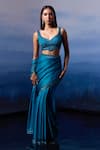 Buy_Angad Singh_Blue Satin Embroidery Sequin Leaf Neck Ocean Mirage Border Saree Set _at_Aza_Fashions