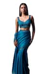 Angad Singh_Blue Satin Embroidery Sequin Leaf Neck Ocean Mirage Border Saree Set _Online_at_Aza_Fashions