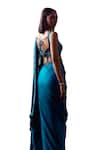 Buy_Angad Singh_Blue Satin Embroidery Sequin Leaf Neck Ocean Mirage Border Saree Set 