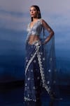 Angad Singh_Grey Net Embroidery Leather Applique Plunging V Neck Eden Floris Saree Set _Online_at_Aza_Fashions