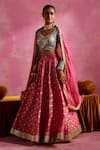 Shop_Mustard Moon by Neyha and Vrinda_Pink Banarasi Embroidered Geometric Woven V Neck Blouse Lehenga Set_Online_at_Aza_Fashions
