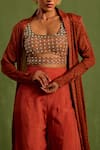 Shop_Neha Khullar_Orange Viscose Chinon Print Floral Butti Blouse Scoop Neck Jacket Sharara Set _Online_at_Aza_Fashions