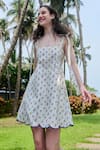 Shop_Verano by Tanya_White Cotton Linen Printed Floral Square Emma Tie Up Dress _Online_at_Aza_Fashions