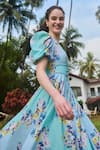 Verano by Tanya_Blue Cotton Linen Printed Floral V-neck Marina Flared Dress_Online_at_Aza_Fashions