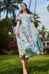 Buy_Verano by Tanya_Blue Cotton Linen Printed Floral V-neck Marina Flared Dress_Online_at_Aza_Fashions