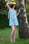 Buy_Verano by Tanya_Blue Cotton Linen Printed Floral Square Marina Tie Up Dress _at_Aza_Fashions