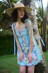 Shop_Verano by Tanya_Blue Cotton Linen Printed Floral Square Marina Tie Up Dress _Online_at_Aza_Fashions