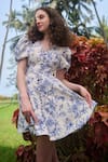 Verano by Tanya_White Cotton Linen Printed Floral V-neck Silvia Skater Dress _Online_at_Aza_Fashions