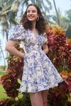 Shop_Verano by Tanya_White Cotton Linen Printed Floral V-neck Silvia Skater Dress _Online_at_Aza_Fashions