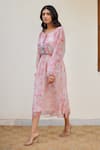 Shop_Kapraaaha_Pink Chiffon Print Floral Round Dress_Online_at_Aza_Fashions