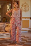 Buy_Kapraaaha_Pink Muslin Print Floral V-neck Chevron Strappy Top With Pant _at_Aza_Fashions