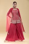 Buy_Khwaab by Sanjana Lakhani_Red Chinon Embroidery Aari Round Neck Blossom Vine Kurta Palazzo Set_at_Aza_Fashions