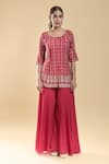 Khwaab by Sanjana Lakhani_Red Chinon Embroidery Aari Round Neck Blossom Vine Kurta Palazzo Set_Online_at_Aza_Fashions